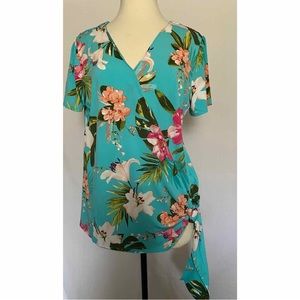 JM Collection Plus Tunic Top Tie Wrap Blue Oasis Floral Stretch 1X